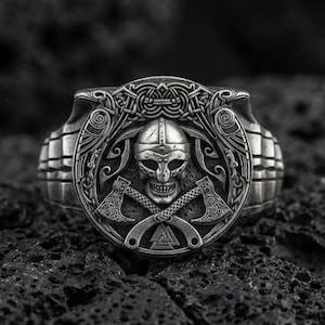 Sterling Silver Viking Ring – Axe & Helmet, Norse Warrior Jewelry