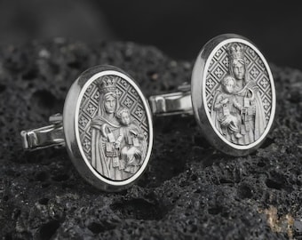 Blessed Mother Cufflinks, Sterling Silver Catholic Cuff Links, Virgin Mary Religious Gift for Men
