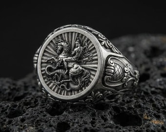 Anillo de sello de San Jorge en plata de ley, joyería cristiana oxidada