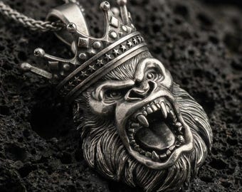 Sterling Silver Gorilla King Pendant Necklace