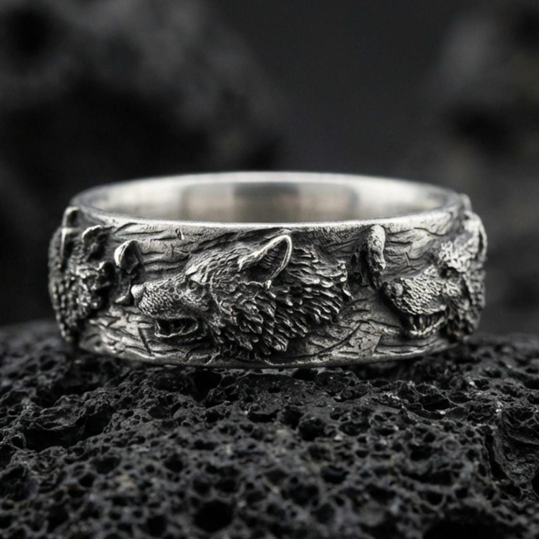 Wolf Pack Sterling Silver Wedding Band Ring, Anniversary Gift - Etsy