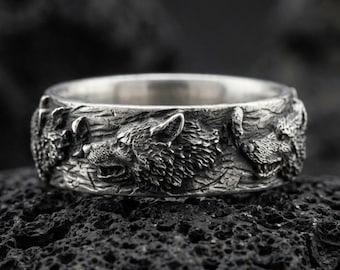 Blue Sapphire Wolf Ring, Sterling Wolf Celtic Ring, Running Wolves