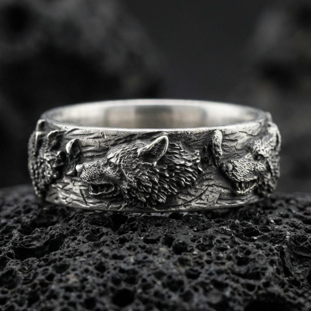 Wolf Pack Sterling Silver Wedding Band Ring, Anniversary Gift - Etsy