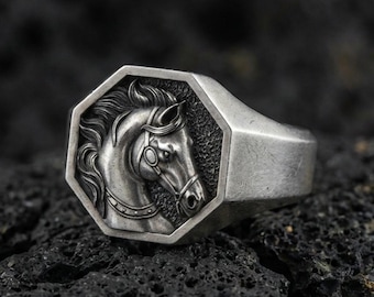 Achteckiger Ring aus Sterlingsilber, Pferdeschmuck