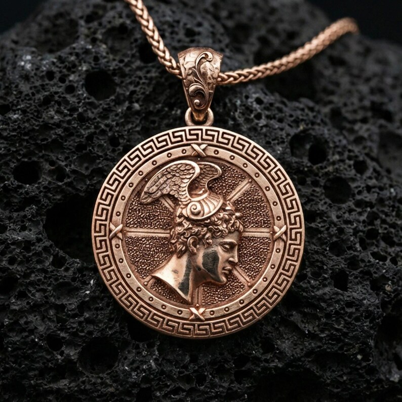 Rose gold plated Perseus coin pendant necklace on textured volcanic rock, centered studio-style close-up showcasing soft rosy glow and intricate Greek mythology portrait detailing.