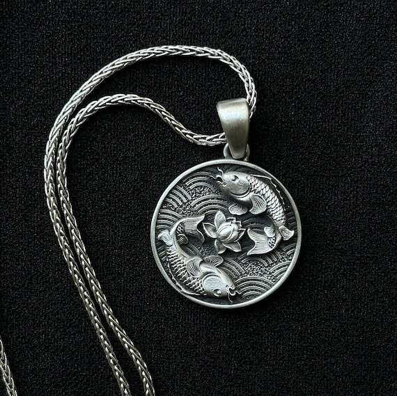 Sterling Silver Koi Fish, Yin and Yang, Lotus Necklace