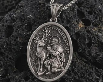 Personalized Saint Hubertus Pendant – Sterling Silver Patron Saint of Hunters Catholic Medal Necklace