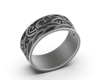 Wave Ring, Silver Engraved Ring, Mens Band Wave Pattern Ring, Ring for Men, Geometric Style Vintage Ring, Gift for Him