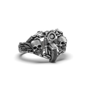 Silver Double Skull Motorcycle Ring - Gothic Biker Jewelry, Edgy Men&#39;s Skull Ring, Unique Biker Gift