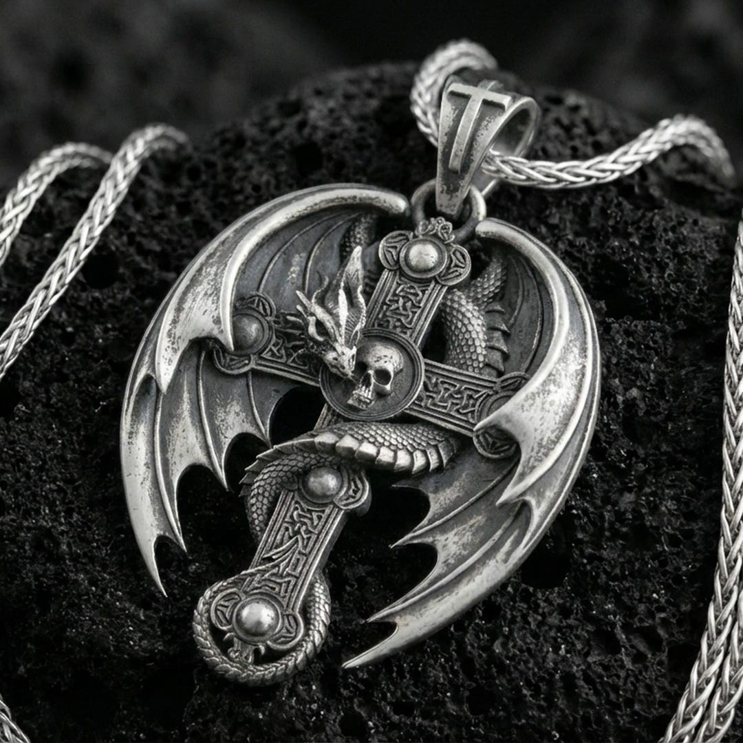 Dragon Cross Pendant – Silver Fantasy Gothic Necklace, Norse 