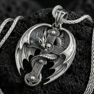Dragon Cross Pendant – Silver Fantasy Gothic Necklace, Norse Medieval Dragon Jewelry for Men