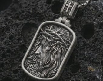 Sterling Silver Crucified Jesus Worn Crown of Thorns Pendant, Dog-tag Medal