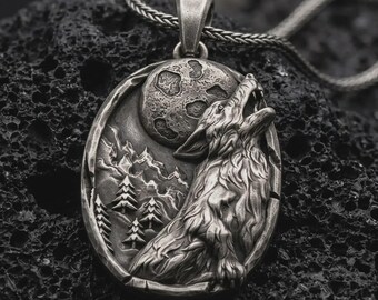 Sterling Silver Howling Wolf Necklace, Mountain Moon Pendant