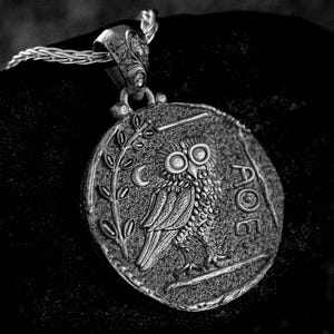 Ancient Greek Owl Pendant – Athena’s Wisdom Amulet, Silver Greek Coin Necklace, Symbol of Knowledge and Protection Jewelry