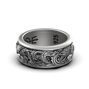 Spinning Carps & Waves Wedding Band, Sterling Silver, Engravable, Tri-Color Design, Unique Nautical Bridal Jewelry