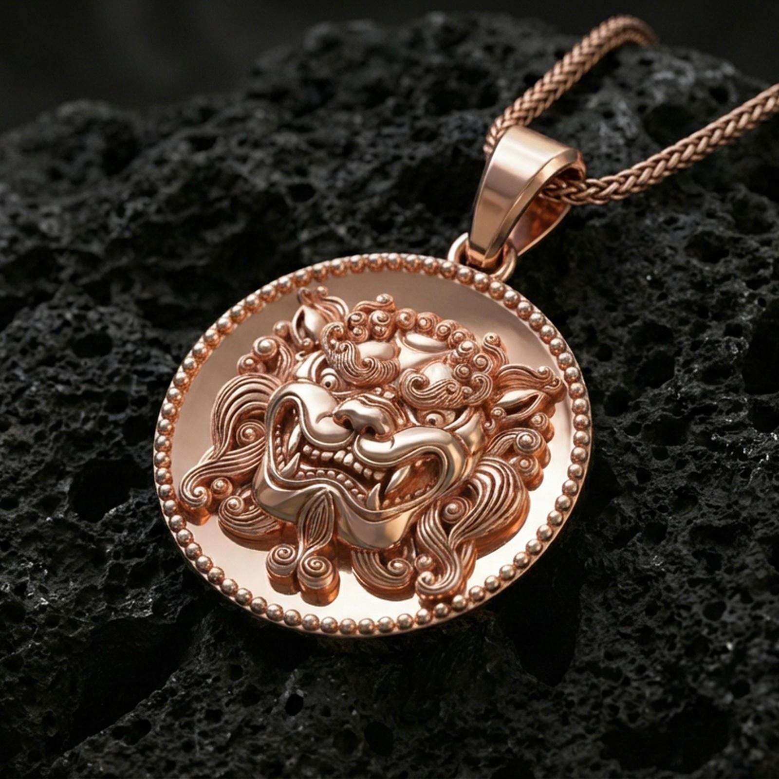 獅子彫刻タイチンルチルネックレス Sterling Silver Foo Dog Pendant Necklace, Chinese Guardian Lion