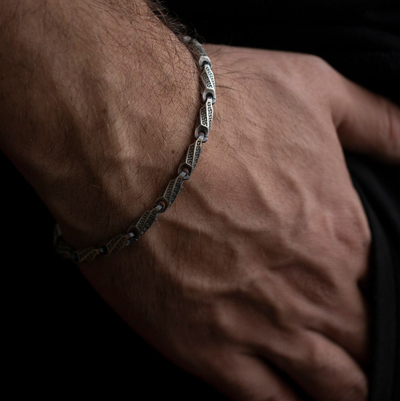 Oxidized Sterling Silver Greek Chain Bracelet, Men's Jewelry image 1