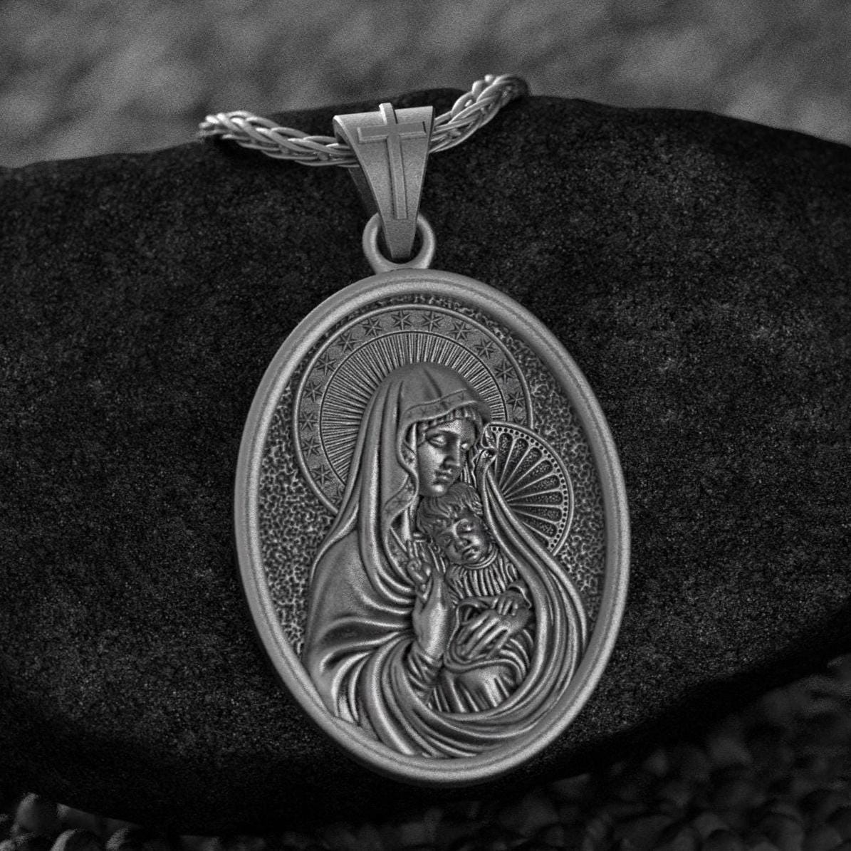 Collana Vergine Maria In Argento 925 - Ciondolo Medaglia Cattolica Ossidata, Donna, Con Catena Regolabile
