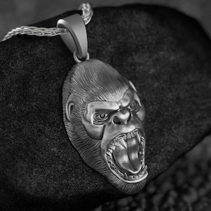 3D Gorilla Necklace, Silver Gorilla Head, Angry Gorilla Charm, Gorilla Jewelry, Primate Necklace, Ape Pendant, Jungle Animal, Unique Gift
