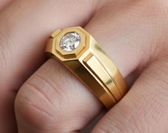 Sechseckiger Einzelstein-Siegelring - 925er Silber oder Gold, moderner geometrischer Herrenring, minimalistischer Statement-Schmuck