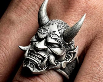 Sterling Silver Oni Mask Ring, Japanese Yokai Demon Jewelry