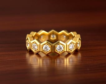 Honeycomb Eternity Ring – 925 Silver or Solid Gold Hexagon Band, Geometric Diamond Ring for Men & Women