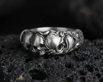 Sterling Silver Skull Band Ring, Gothic Biker Jewelry