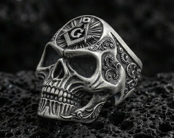 Sterling Silver Skull Masonic Ring, Unisex Freemason Symbol Jewelry