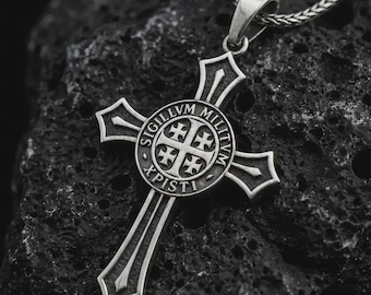 Knights Templar Cross Pendant – Sigillum Militum Xpisti Seal Necklace, Medieval Crusader Symbol in Silver