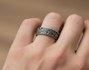 Silver Surface of the Moon Band - Moon Craters Ring, Lunar Texture