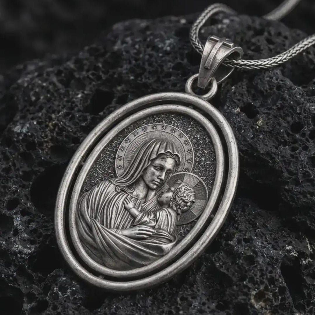 Spinning Sterling Silver Madonna and Child Pendant, Engravable Catholic ...