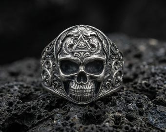 Sterling Silver Masonic Skull Ring – Engraved Gothic Freemason Jewelry