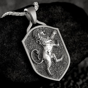 Heraldic Lion Pendant • Rampant Crest Necklace for Men • Medieval Shield Jewelry • Noble Strength Gift for Him