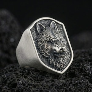 Sterlingzilveren wolfring, matte grote zegelring, Alpha Head-sieraden, Scandinavische stijl