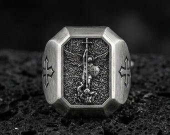 St. Michael Archangel Sterling Silver Ring, Oxidized Religious Jewelry
