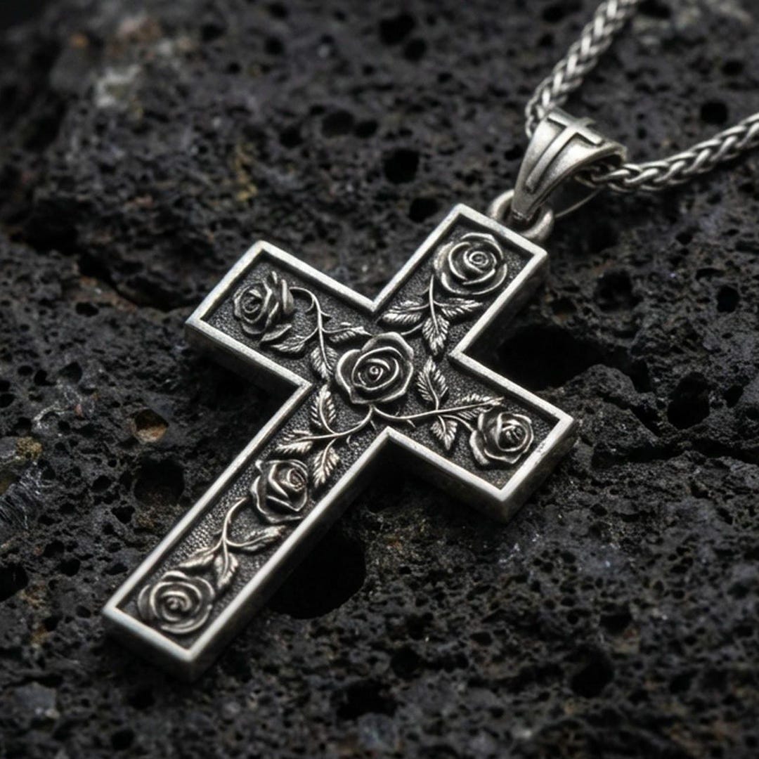 Sterling Silver Rose Cross Pendant, Christian Jewelry - Etsy