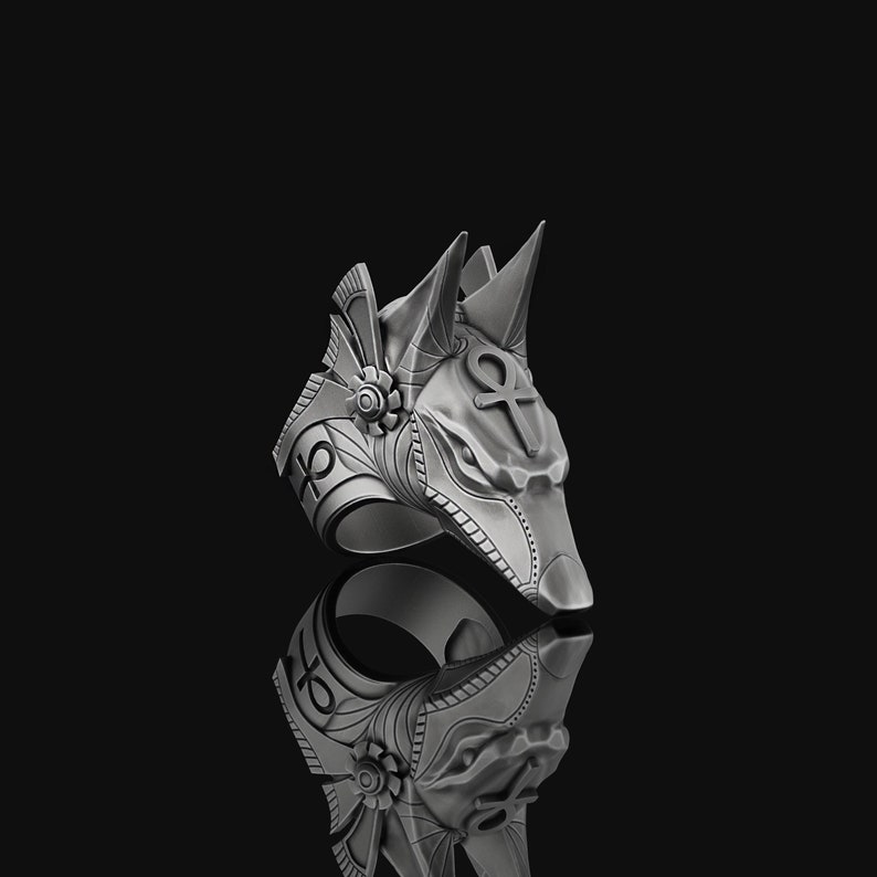 May include: A silver ring with an Anubis head design. The ring features intricate details and an ankh symbol on the head.