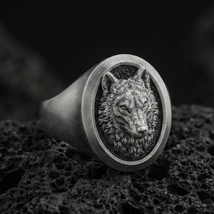 Sterling Silber Wolf Siegelring, Detailliertes Nordisches Tier Totem