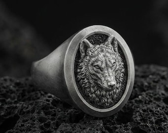 Sterling Silver Wolf Signet Ring, Detailed Nordic Animal Totem