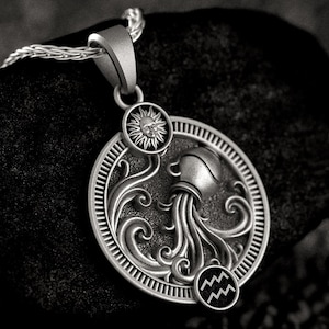 Silver Aquarius Pendant – Water Bearer Zodiac Necklace, January February Astrology Gift in 925 Sterling Silver