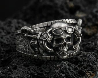 Sterling Silver Skull Biker Ring - Edgy Motorcycle Jewelry