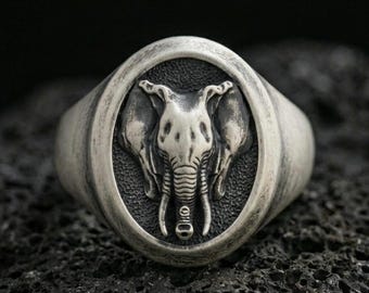 Anillo de sello de elefante, joyería animal de plata de ley 925
