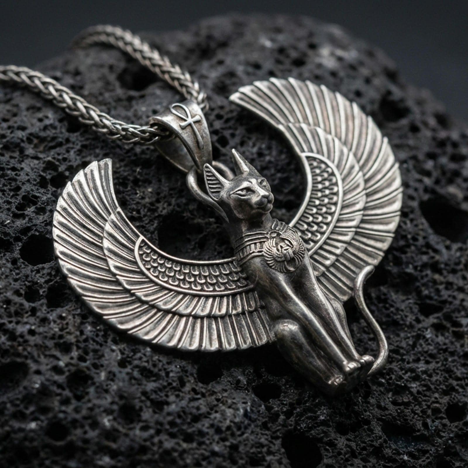 Silver Sphinx Necklace Pendant – Egyptian Cat Goddess Winged Silver Sphinx Necklace Pendant – Egyptian Cat Goddess Winged