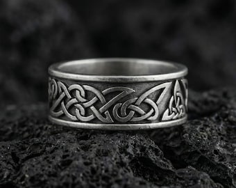 Sterling Silver Viking Celtic Knot Band Ring, Unisex Wedding Jewelry