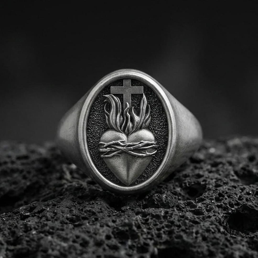 925 Silver Sacred Heart Signet Ring, Thorned Crown Religious 