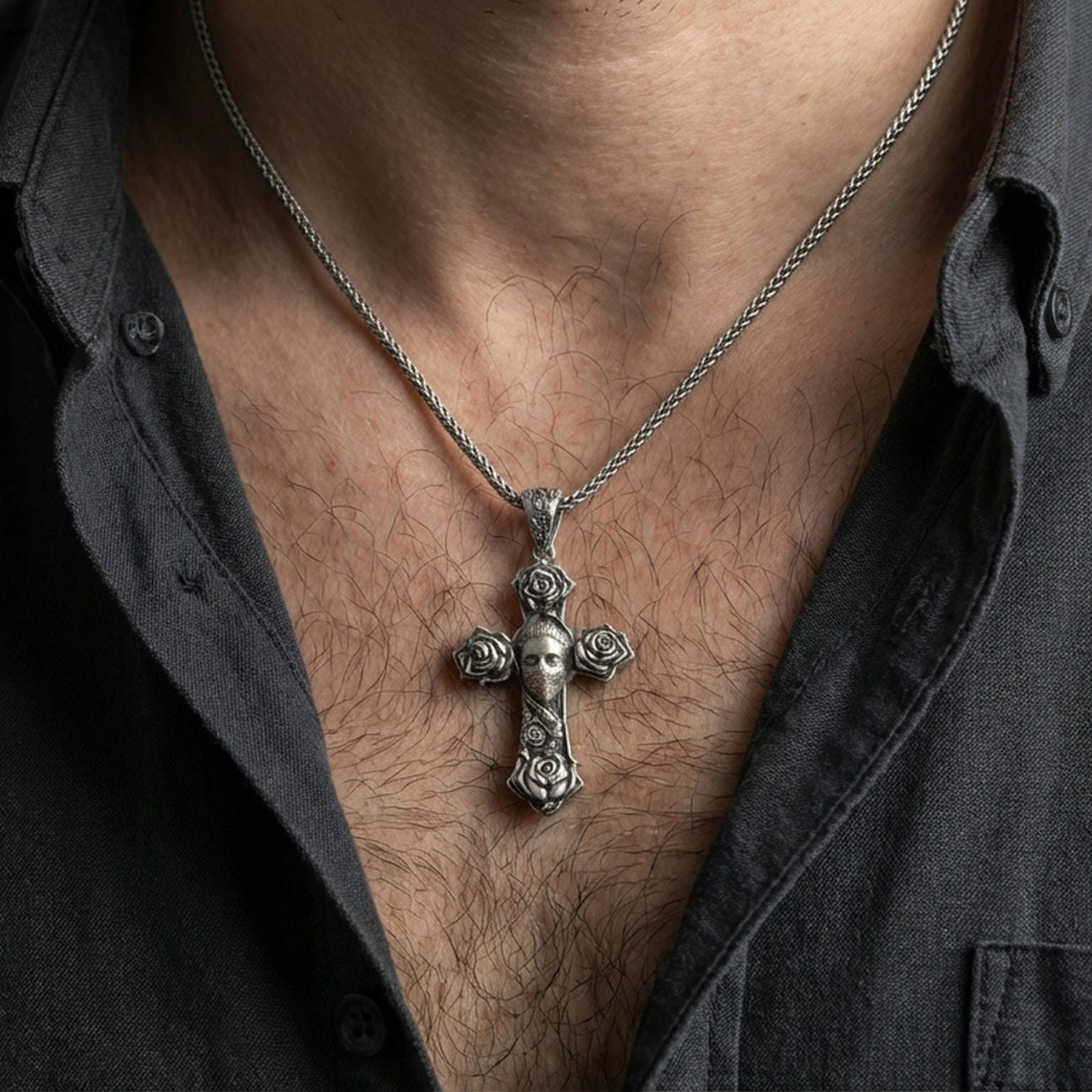 Chicano Tattoo Style Sterling Silver Cross Pendant, Roses Skull - Etsy