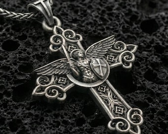 Sterling Silver St. Michael Cross Pendant, Archangel Amulet