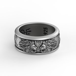 Spinner Fidget  Wedding Band Ring, Two Lions Roaring Design, Engravable Inside, Unique Symbol of Strength