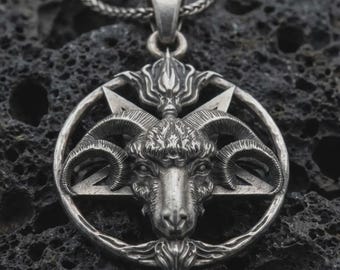 Baphomet Pendant Necklace, Satanic Goat Head Jewelry, Occult Pentagram, Gothic Necklace