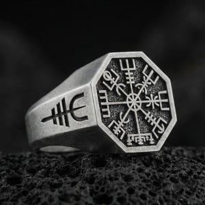 Gold Plated Silver Vegvisir Ring, Viking Runic Compass Jewelry